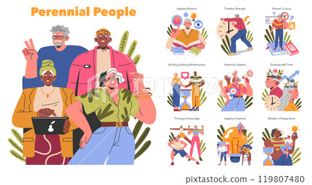 Perennial People concept. Diverse elders engaged in learning, leadership and relationships, symbolizing lifelong growth. Vector illustration of active senior life. Perennial People concept. Diverse elders engaged in learning, leadership and relationships, symbolizing lifelong growth. Vector illustration of active senior life. 119807480