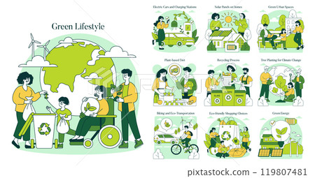 Green Lifestyle set. Sustainable living practices and eco-friendly habits. Recycling, plant-based diet, renewable energy, and green urban spaces. Vector illustration. 119807481