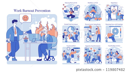 Work Burnout Prevention set. Strategies for mental wellbeing at the workplace. Balancing life, mindfulness, detox, breaks, stress monitoring, team support. Vector illustration. 119807482