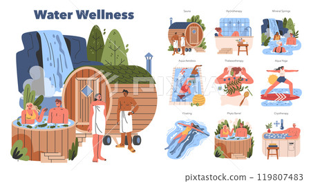 Water Wellness set. Illustrations of hydrotherapy, saunas, and aqua-based exercises for health. People enjoying water treatments and fitness. Vector illustration. 119807483
