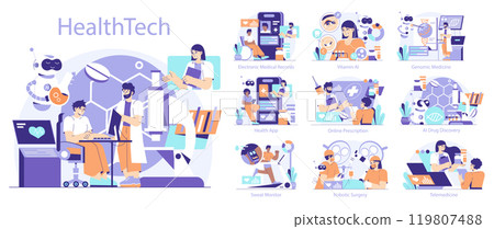 Healthtech concept. Digital innovation in healthcare with AI, electronic records, and telemedicine. Modern medical services and futuristic technology integration. Vector illustration. 119807488
