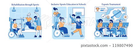 Sports for Disabled People set. Illustrations showcasing rehabilitation, inclusive education, and an esports tournament. Engaging diverse athletes in inspirational activities. Vector illustration. 119807490