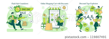 Green Monday set. Shoppers rushing for discounts, browsing sales online, and enjoying price reductions. Seasonal shopping frenzy illustrated. Vector illustration. 119807491