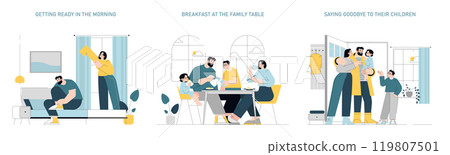 Family Routine set. Illustration of daily activities from morning preparation to breakfast and farewells. Capturing family dynamics and home life. Vector illustration. 119807501