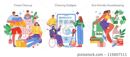 House Cleaning set. Organizing closet space, using modern cleaning tools, and practicing sustainability in chores. Vector illustration. 119807511