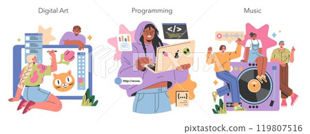 Gen Z Hobbies set. Young adults engaged in digital art, programming, and music production. Creativity and technology merge in youth pastimes. Vector illustration. Gen Z Hobbies set. Young adults engaged in digital art, programming, and music production. Creativity and technology merge in youth pastimes. Vector illustration. 119807516