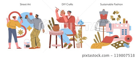 Millennial Hobbies set. Creative street art, DIY pottery crafting, and eco-friendly fashion design activities. Inspiring modern lifestyle choices and hobbies. Vector illustration. 119807518