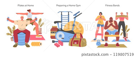 Home Fitness Set. Indoor exercise routines with Pilates, gym equipment assembly, and resistance band workouts. Vector illustration. Home Fitness Set. Indoor exercise routines with Pilates, gym equipment assembly, and resistance band workouts. Vector illustration. 119807519