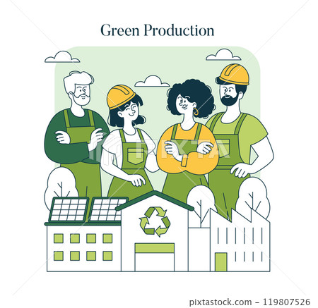Eco-friendly fashion concept. Workers unite in sustainable apparel manufacturing with solar energy and recycling. Sustainable production innovation. Vector illustration. 119807526