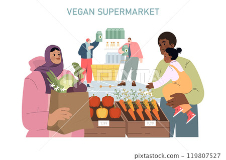 World Vegan Day concept. Diverse people shopping in a vegan supermarket, choosing fresh vegetables and plant-based products. Healthy lifestyle choice. Vector illustration. 119807527