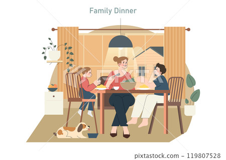 Family Dinner concept. A cozy evening meal with mother, daughter, and son sharing a homemade dinner. Togetherness, home interior, pet companion. Vector illustration. 119807528