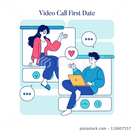 Online Dating concept. Two individuals share a heartwarming connection on their first date through a video call, exploring modern romance. Flat style vector illustration. 119807557