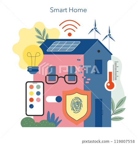 Smart Home concept. Automation technology for residential energy efficiency and security. Renewable energy, remote control, and protection. Vector illustration. 119807558