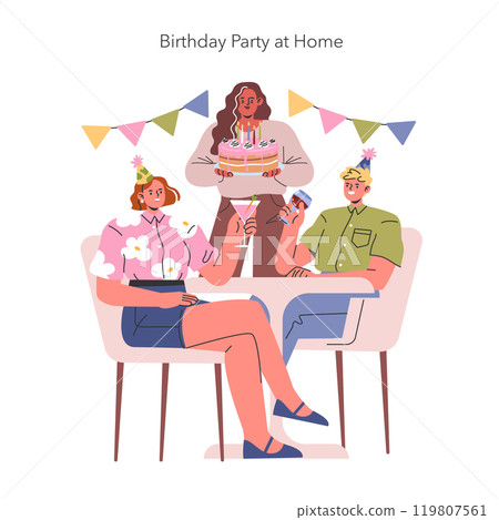 Indoor Birthday Celebration concept. Friends enjoying a cozy party with cake and decorations at home. Joyful domestic gathering. Vector illustration. Indoor Birthday Celebration concept. Friends enjoying a cozy party with cake and decorations at home. Joyful domestic gathering. Vector illustration. 119807561