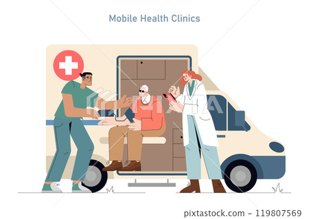 Patient-centric care concept featuring a medical team assisting an elderly man at a mobile health clinic. Integrated healthcare services on the go. Vector illustration. 119807569