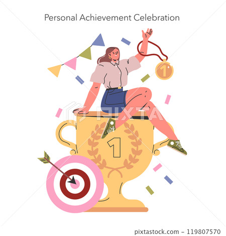 Personal achievement celebration concept. A joyful individual sits atop a giant trophy, holding a medal, with festive confetti. Success, goal attainment, and self-celebration themes. Vector 119807570
