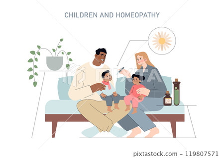 Homeopathy concept. A family explores natural medicine options for children, considering homeopathic remedies in a cozy living room setting. Vector illustration. 119807571