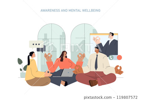 Psychology concept. A diverse group engages in a discussion on mental well-being, conveying camaraderie and support. Office interior and virtual participation. Vector illustration. Psychology concept. A diverse group engages in a discussion on mental well-being, conveying camaraderie and support. Office interior and virtual participation. Vector illustration. 119807572