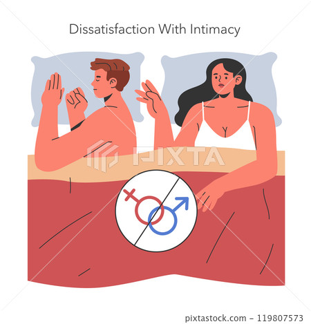 Infidelity concept. A couple expressing dissatisfaction with their intimate life leads to thoughts of cheating. Vector illustration. Infidelity concept. A couple expressing dissatisfaction with their intimate life leads to thoughts of cheating. Vector illustration. 119807573