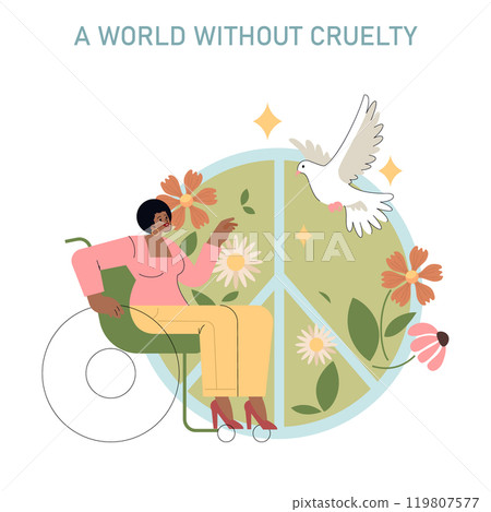 World Vegan Day concept. An illustration of peace and kindness featuring a woman, a dove, and flora within a peace symbol. Vector illustration. World Vegan Day concept. An illustration of peace and kindness featuring a woman, a dove, and flora within a peace symbol. Vector illustration. 119807577