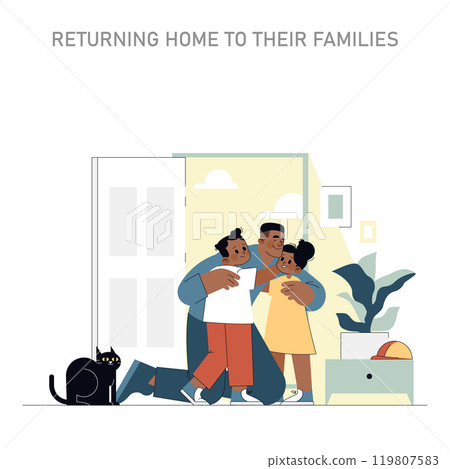 Family joy as a builder returns home, sharing a warm embrace with loved ones after a fulfilling day of work. Vector illustration. 119807583