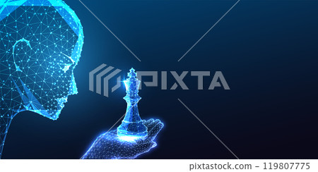 AI for business strategy concept with robotic head holding king chess piece on blue background. AI for business strategy concept with robotic head holding king chess piece on blue background. 119807775