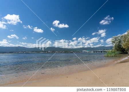 Lake Biwa Bridge seen from the lakeside in Moriyama City 119807808