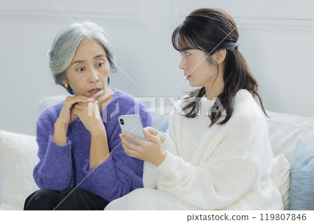 A senior woman and a young woman arguing in the living room A senior woman and a young woman arguing in the living room 119807846