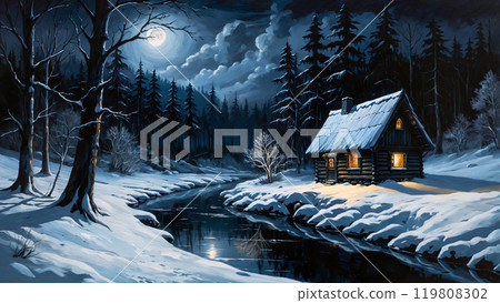 Oil painting of dreamlike wintry landscape with cozy snowbound log cabin with lit porch on river shore among snowy winter forest at moonlit night. No people digital art illustration of secluded place. 119808302