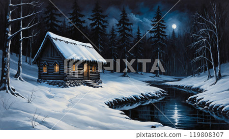 Oil painting of wintry landscape with cozy snow covered log cabin with lit porch on river shore among gloomy fir forest at moonlight winter night. No people digital art illustration of secluded place. 119808307