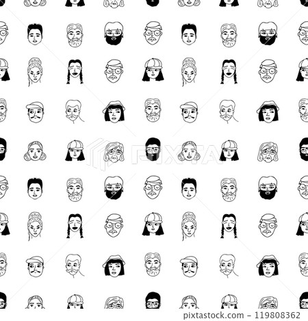 Social doodle trendy black white people faces line seamless pattern. Vector hand drawn illustration of line men and women on white background Social doodle trendy black white people faces line seamless pattern. Vector hand drawn illustration of line men and women on white background 119808362