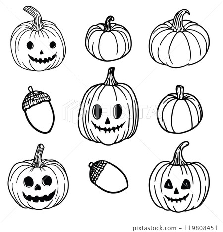 Pumpkin and Jack O Lantern Icon Set and Acorns - Spooky and Cute Vector Pumpkin and Jack O Lantern Icon Set and Acorns - Spooky and Cute Vector 119808451