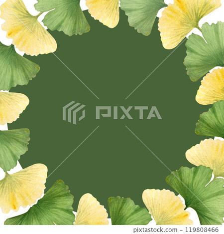 Ginkgo biloba vibrant green and yellow leaves wreath on green background. High quality hand-painted detailed textured watercolor frame perfect for cards, botanical designs, posters and packages decor 119808466