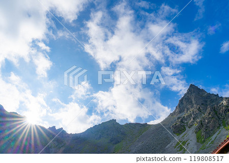 [Mountain material] Mt. Yari and blue sky at sunset as seen from Yarisawa Cirque [Nagano Prefecture] 119808517