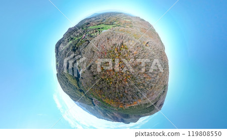 Aerial view of the birch forest and autumn leaves of Hiraniwa Plateau, Iwate Prefecture 119808550