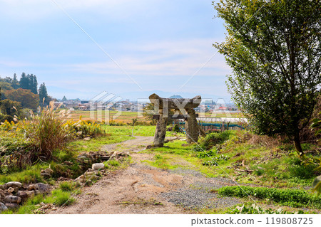 The earth seen through the stone torii gate The earth seen through the stone torii gate 119808725