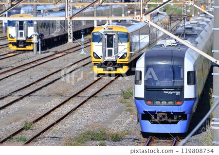 The Boso Express train waits for its turn at Makuhari Vehicle Center 119808734