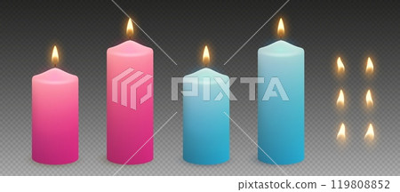 Wax candles with glowing light and flame variations. Realistic pink and blue paraffin candles. 119808852