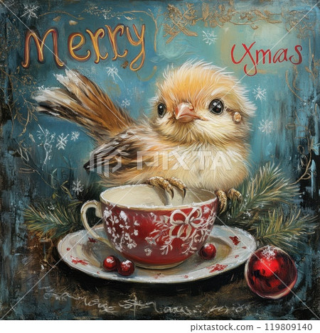 Bird in red cup celebrating Christmas 119809140
