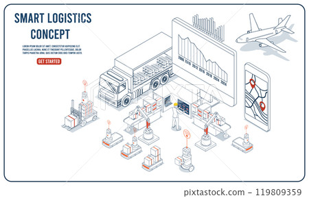 Modern global logistics combines export, import, warehousing, and transportation services. Smart logistics systems enhance flexibility and adaptability while better serving customer need. Vector eps10 119809359