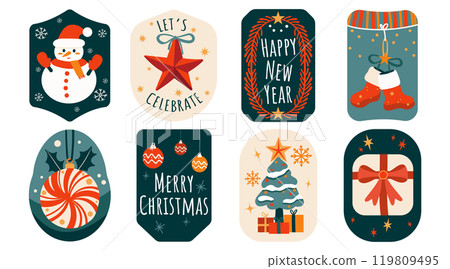 Set of isolated Christmas and New Year label in cute doodle style on transparent background. Volume 9 : Vivid red, green and beige tone colors. Set of isolated Christmas and New Year label in cute doodle style on transparent background. Volume 9 : Vivid red, green and beige tone colors. 119809495