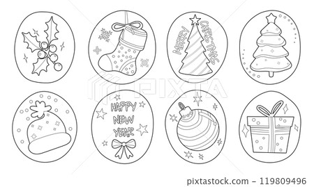 Set of isolated Christmas and New Year label in cute doodle style on transparent background. Volume 10 : Black outline with white plain. 119809496