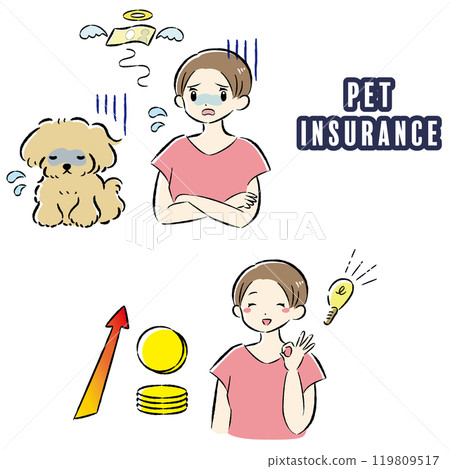 Illustration set of an unwell dog and its female owner struggling with medical expenses Illustration set of an unwell dog and its female owner struggling with medical expenses 119809517