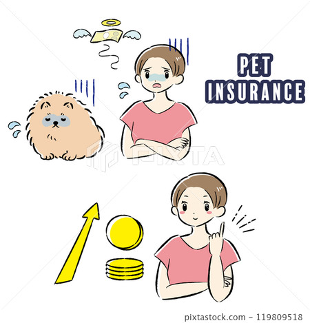 Illustration set of an unwell dog and its female owner struggling with medical expenses Illustration set of an unwell dog and its female owner struggling with medical expenses 119809518