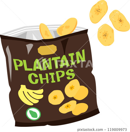 An opened bag of plantain chips 119809973