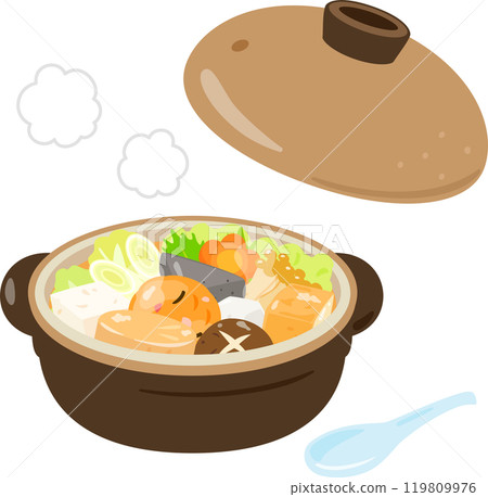 A hot pot dish cooked in a small clay pot, for one person A hot pot dish cooked in a small clay pot, for one person 119809976