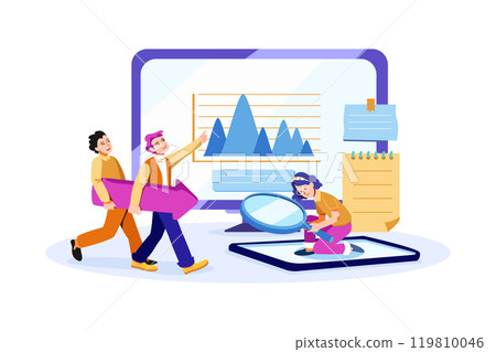 Team of specialists with magnifier and laptop and arrow. digital marketing Team of specialists with magnifier and laptop and arrow. digital marketing 119810046