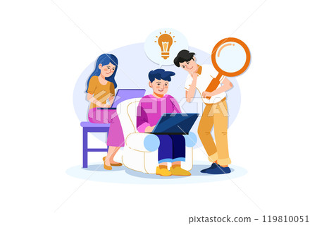 Digital marketing team with laptops and light bulb 119810051