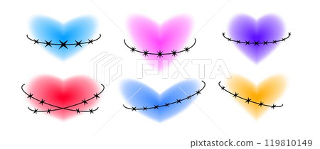 Y2k hearts with thorn elements set. Colorful blurry aura shape collection. Blurred smooth gradient with bard wire for logo, template, badge, sticker, collage, icon. Vector various heart pack Y2k hearts with thorn elements set. Colorful blurry aura shape collection. Blurred smooth gradient with bard wire for logo, template, badge, sticker, collage, icon. Vector various heart pack 119810149