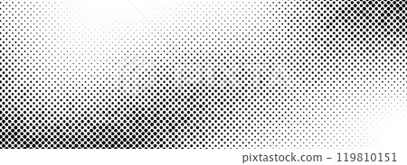 Fading halftone grungy background. Vanishing grain gritty textured wallpaper. Black white comic noise grit surface. Pixelated speckles, dots or particles overlay. Vector aged dirty sand backdrop cover 119810151